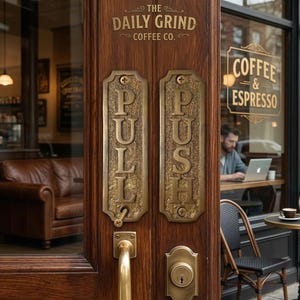 Placas de porta personalizadas em latão com sistema de pressão e puxador – Placas de entrada em metal fundido estilo vintage