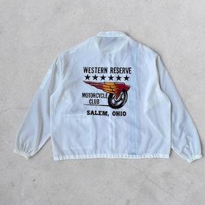 May include: White nylon jacket with long sleeves. The back features a motorcycle club logo with the text "WESTERN RESERVE MOTORCYCLE CLUB SALEM, OHIO". The logo includes a motorcycle wheel with wings and stars.