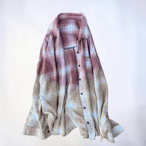 Reworked Bleach Dip Dyed Flannel Shirt – Oversized XXL Ombre Rose to Tan Cotton