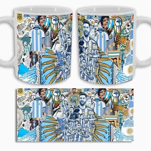 May include: White ceramic mug featuring a collage of images related to Argentinian soccer. The design includes the Argentinian flag, soccer players, and the number 10. The mug has a white handle and interior.