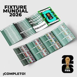 Puede incluir: Folleto tríptico con diseño verde y blanco, con el texto "FIXTURE MUNDIAL 2026" y "¡COMPLETO!". Incluye calendarios, banderas de equipos y el logotipo de la Copa Mundial de la FIFA. El folleto está diseñado para la Copa Mundial de la FIFA 2026.