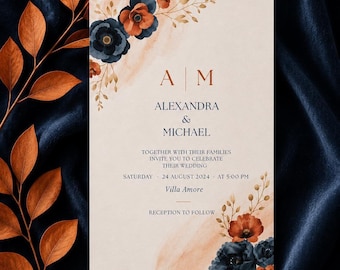 Plantilla de invitación de boda azul marino, invitación editable en Canva, invitación de boda floral azul, descarga instantánea.