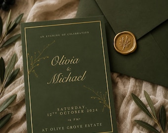 Olivgrün Botanische Hochzeitseinladungsvorlage für Boho & Garden Brides Editable Canva Printable Goldfolie Einladung für rustikale Hochzeiten