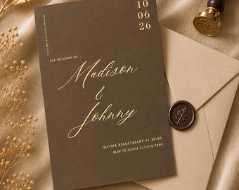 Modelo de convite de casamento marrom — Caligrafia em tons de marrom café intenso e dourado antigo, editável e imprimível.