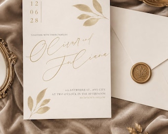 Gold Botanical Wedding Invitation Template, Printable Elegant Script Invite, Minimalist Greenery Wedding Suite, Editable Canva Template,