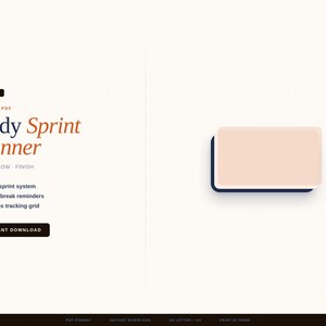 May include: A digital Study Sprint Planner in PDF format. The design features the title in a stylish font, with the words "FOCUS, FLOW, FINISH" below. Includes a 30-min sprint system, break reminders, and a progress tracking grid. A peach-colored rectangle with a dark blue border is on the right.