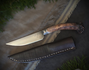 Hand Forged Patch Knife: 1095 Steel, Whitetail Antler Handle, Leather Sheath