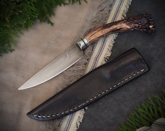 Hand Forged Patch Knife: 1095 Steel, Whitetail Antler Handle, Leather Sheath