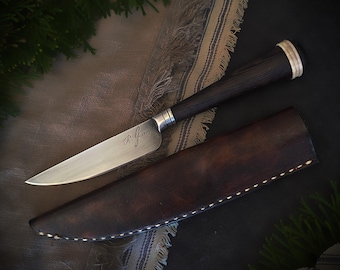 Hand Forged Patch Knife: 1095 Steel, Wooden Handle, Leather Sheath