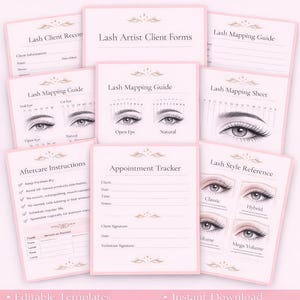 Può includere: Un pacchetto di 10 moduli stampabili per clienti di lash artist. I moduli includono registri dei clienti, guide di mappatura, moduli di consenso, istruzioni post-trattamento e un tracker degli appuntamenti. I moduli sono in rosa e bianco.