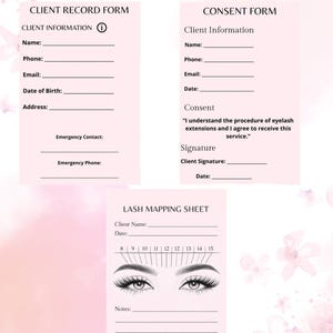 Può includere: Un documento rosa e bianco con il testo "Professional Lash Artist Forms". Include un modulo di registrazione del cliente, un modulo di consenso e un foglio di mappatura delle ciglia. Per lash artist e saloni di bellezza.