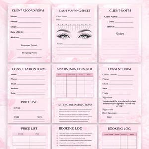 Può includere: Un pacchetto PDF stampabile rosa e bianco per lash artist. I moduli includono registri clienti, schede di mappatura delle ciglia, note clienti, moduli di consultazione, tracker degli appuntamenti, moduli di consenso, listini prezzi, istruzioni post-trattamento e registri delle prenotazioni.