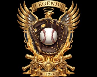 Gold Baseball Glove PNG | Dripping Gold Legends Design | Eagle Baseball Crest Art | Sports Apparel Graphic | DTF DTG Print File