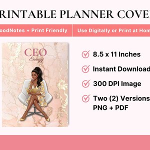 May include: Printable planner cover with the text "CEO Energy." The cover features an illustration of a woman sitting in a chair, reading a book. The planner is 8.5 x 11 inches and available as an instant download in PNG and PDF formats.