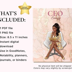 May include: Digital download featuring a woman in a yellow dress, seated and reading, with the text "CEO Energy." The image is set against a pink marble background. Includes PDF and PNG files, size 8.5 x 11 inches.