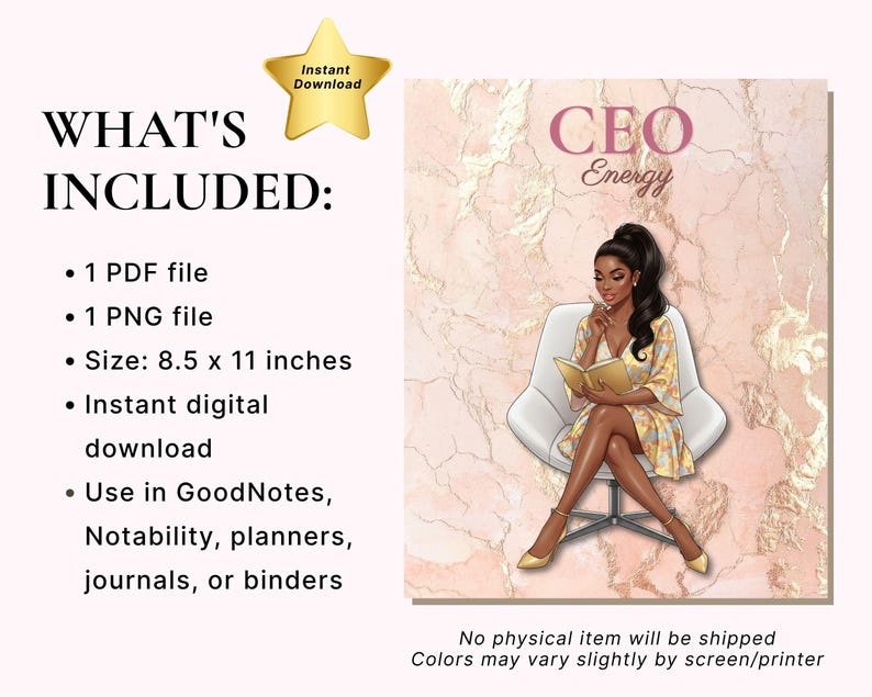 May include: Digital download featuring a woman in a yellow dress, seated and reading, with the text "CEO Energy." The image is set against a pink marble background. Includes PDF and PNG files, size 8.5 x 11 inches.