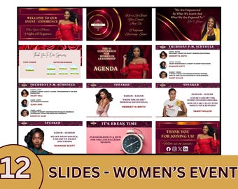 Plantilla de Canva para eventos femeninos / Plantilla de diapositivas para conferencias / Evento de mujeres líderes / Presentación elegante en rojo y dorado / Diapositivas para la agenda del taller