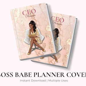 May include: Two "CEO Planner" notebooks with a marble-like design and a woman in a yellow dress reading. The notebooks have the text "CEO Planner" in a script font. The words "BOSS BABE PLANNER COVER" are at the bottom.