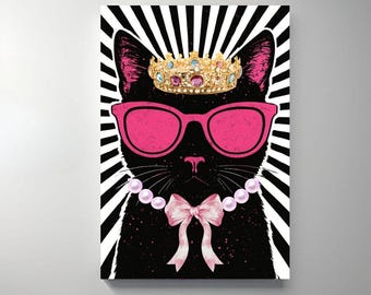 Lámina decorativa imprimible de gato reina / Gato negro glamuroso con corona / Arte animal estético rosa / Decoración de moda para gatos / Arte de pared femenino y elegante