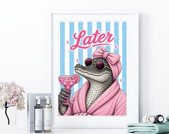 Lámina artística de cocodrilo rosa estilo preppy, divertida ilustración de animal coqueto para la pared, decoración femenina para el baño, ilustración de animal rebelde, regalo para ella.