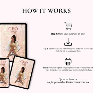 May include: Digital art print featuring a woman in a yellow dress, with the text "CEO Energy" on a tablet, phone, and another tablet. The image also includes instructions on how to purchase and use the digital file.