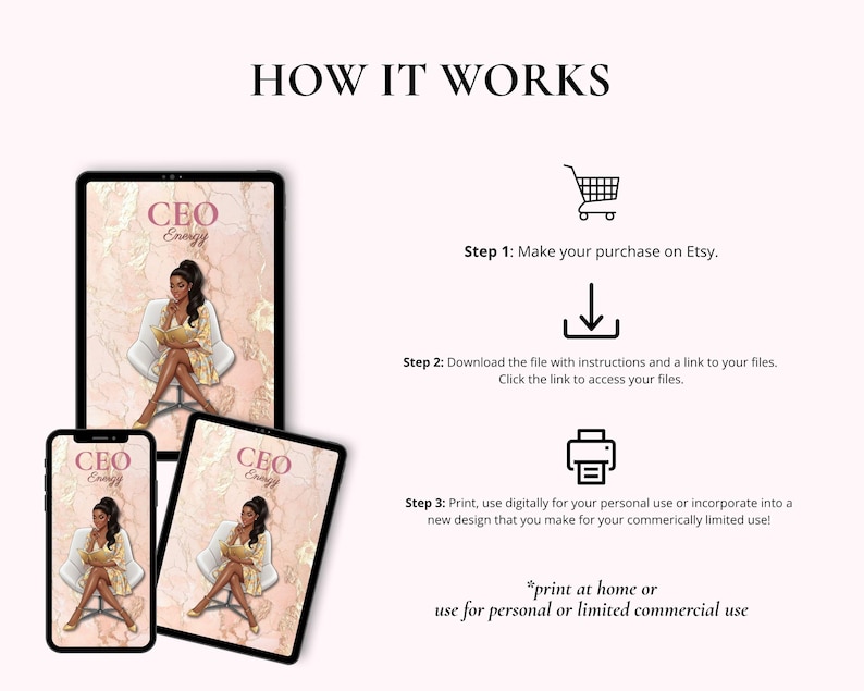 May include: Digital art print featuring a woman in a yellow dress, with the text "CEO Energy" on a tablet, phone, and another tablet. The image also includes instructions on how to purchase and use the digital file.