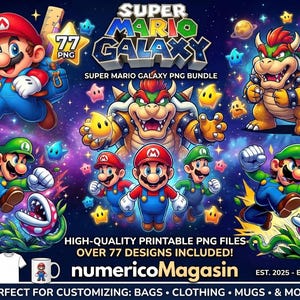 Puede incluir: Ilustración digital de Super Mario Galaxy con Mario, Luigi, Bowser, estrellas y planetas. El texto dice "Super Mario Galaxy PNG Bundle" y "¡Más de 77 diseños incluidos!" para personalizar bolsas, ropa, tazas y más.