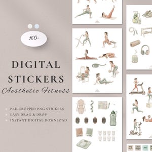 Op de afbeelding: Een verzameling digitale stickers met aquarel-stijl illustraties van mensen die verschillende fitnessoefeningen doen, fitnessapparatuur, waterflessen, smartwatches en gezondheidstracking-elementen met de tekst 160+ DIGITAL STICKERS Aesthetic Fitness.