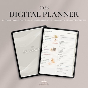Puede incluir: Dos tabletas digitales que muestran un planificador digital de 2026. Una tableta muestra la portada con la palabra "PLANNER" y la otra un horario diario. El texto "DIGITAL PLANNER" y "2026" están en la parte superior.