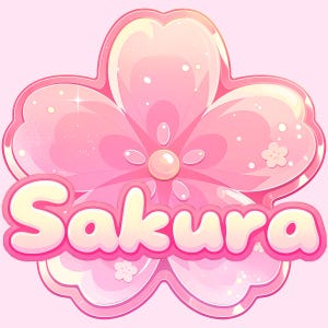 Może przedstawiać: Różowo-biała ilustracja stylizowanego kwiatu wiśni z napisem "Sakura" w czcionce bąbelkowej. Kwiat ma perłowy środek i jasnoróżowe tło.