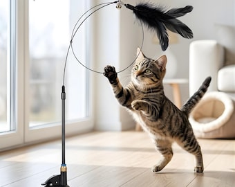 Interactive Cat Teaser Toy, Feather Wand, Bell, Suction Cup Play