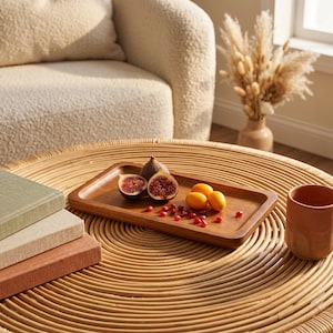 May include: A rectangular wooden tray holds sliced figs, kumquats, and pomegranate seeds. A terracotta mug sits to the right. The tray rests on a round, woven table, with a stack of books to the left.