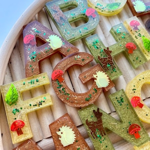 Puede incluir: Primer plano de letras de resina con adornos temáticos de bosque. Las letras son de varios colores, incluyendo marrón, verde y amarillo, con purpurina y pequeños diseños de setas, hojas y erizos. Las letras están dispuestas sobre una bandeja de madera.