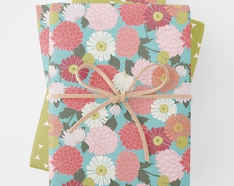 Set di carta da regalo con motivo floreale e circolare, 3 fogli, 48 x 74 cm
