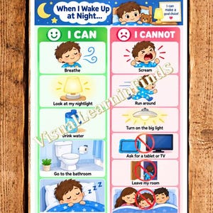 May include: A colorful educational poster titled When I Wake Up at Night with two columns. The green column lists I CAN actions like breathe, look at a nightlight, drink water, go to the bathroom, and sleep. The red column lists I CANNOT actions.