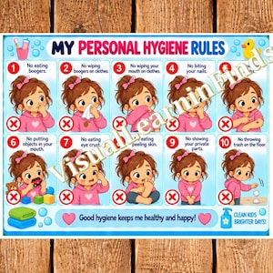 Peut inclure: Une affiche éducative rectangulaire intitulée MY PERSONAL HYGIENE RULES présentant dix illustrations numérotées d'une fille en sweat à capuche rose montrant des habitudes d'hygiène à éviter, avec des légendes et un fond bleu à bulles.
