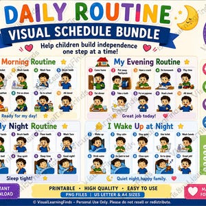 以下が含まれることがあります： 「My Morning Routine」、「My Evening Routine」、「My Night Routine」、「I Wake Up at Night」の4つのチャートを含む、毎日のルーチン視覚スケジュールバンドル。各チャートには、子供が日常のタスクを行う様子を描いた10個の番号付きイラストが含まれています。