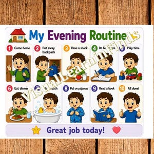 May include: A rectangular chart titled My Evening Routine featuring ten numbered illustrations of a child performing daily tasks including coming home, putting away a backpack, having a snack, doing homework, playing, eating dinner, bathing, and reading.