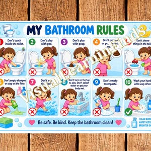 Può includere: Un poster rettangolare intitolato MY BATHROOM RULES che presenta dieci illustrazioni numerate di un bambino che dimostra le regole del bagno. Ogni riquadro include una X rossa o un segno di spunta verde, testo descrittivo e grafiche colorate.