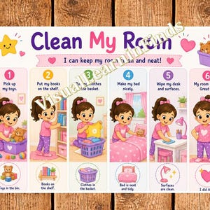 Puede incluir: Una tabla de tareas rectangular titulada Clean My Room con seis pasos numerados que muestran a una niña con camiseta rosa y pantalones morados de lunares recogiendo juguetes, ordenando libros, lavando ropa, haciendo la cama y limpiando.