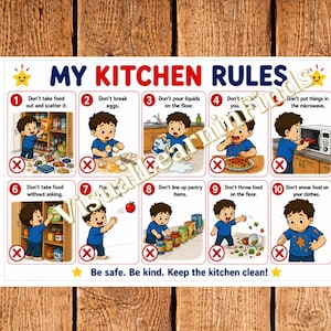 Peut inclure: Une affiche rectangulaire blanche intitulée MY KITCHEN RULES présentant dix illustrations numérotées d'un enfant en chemise bleue montrant des comportements interdits, comme éparpiller de la nourriture, casser des œufs et renverser des liquides, avec le texte Be safe. Be kind. Keep the kitchen clean! en bas.