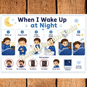 Programme visuel pour les réveils nocturnes | Routine de sommeil pour enfants autistes | Tableau du sommeil pour enfants | Aide au coucher | Insomnie | PDF imprimable