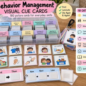 May include: A set of 180 behaviour management visual cue cards in a clear plastic organiser box. The cards feature colourful illustrations for daily routines, actions, and social skills. Includes 'First-Then' and 'Now-Next-Later' sequence boards.