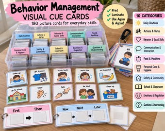 May include: A set of 180 behaviour management visual cue cards in a clear plastic organiser box. The cards feature colourful illustrations for daily routines, actions, and social skills. Includes 'First-Then' and 'Now-Next-Later' sequence boards.