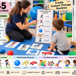 May include: A set of 145 visual cards for physiotherapy featuring 9 categories including movement, stretching, and strengthening. The cards display illustrations of exercises and equipment like therapy balls, balance beams, and scooter boards.