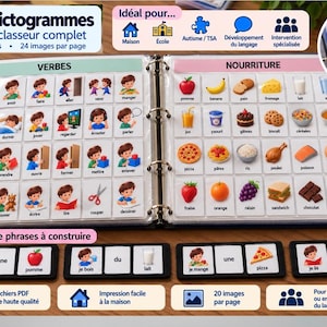 May include: A black three-ring binder containing 624 pictograms organised into 26 categories. The pages feature grid-based illustrations of verbs and food items with French text labels. Velcro-backed cards are included for sentence building.