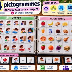 Peut inclure: Un classeur contenant 624 pictogrammes répartis en 26 catégories, avec des pages de 24 images chacune. Le classeur présente des sections pour les verbes et la nourriture, avec des cartes individuelles illustrées et étiquetées.