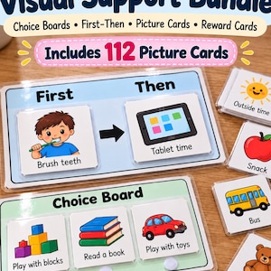 May include: A visual support bundle featuring a First-Then board and a Choice Board with laminated picture cards. The cards display colorful illustrations of activities like brushing teeth, tablet time, reading books, and playing with blocks.