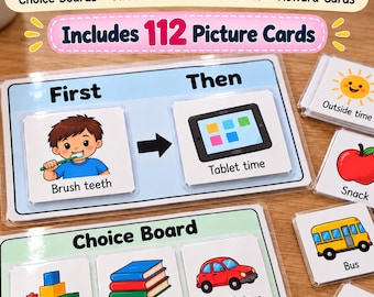 First Then Board Visual Schedule Bundle | Autism Visual Supports | Choice Board | Picture Cards | ABA Therapy Tools | Token boards