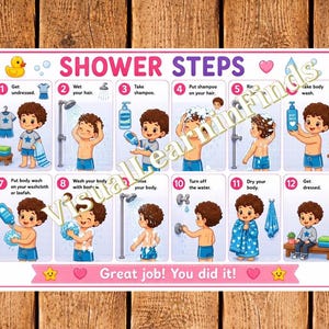 May include: A rectangular educational poster titled SHOWER STEPS featuring twelve numbered illustrations of a child demonstrating the sequence of showering, from undressing to getting dressed, with the final text Great job! You did it!